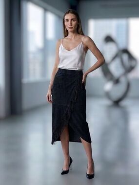 Brandon Thomas Black Suede Asymmetrical Fringe Midi Skirt